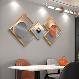 3Pcs Modern Geometric Wall Clock Decor Set Canvas Painting Wall Clocks with Gold Frame - thumbnail 2