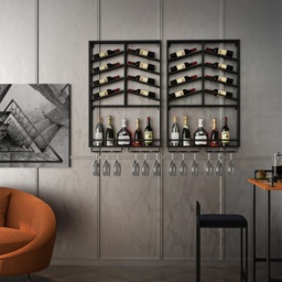 Industrial  Metal Wall Mounted Black Wine Rack with Glass & Bottle Rack - thumbnail 2
