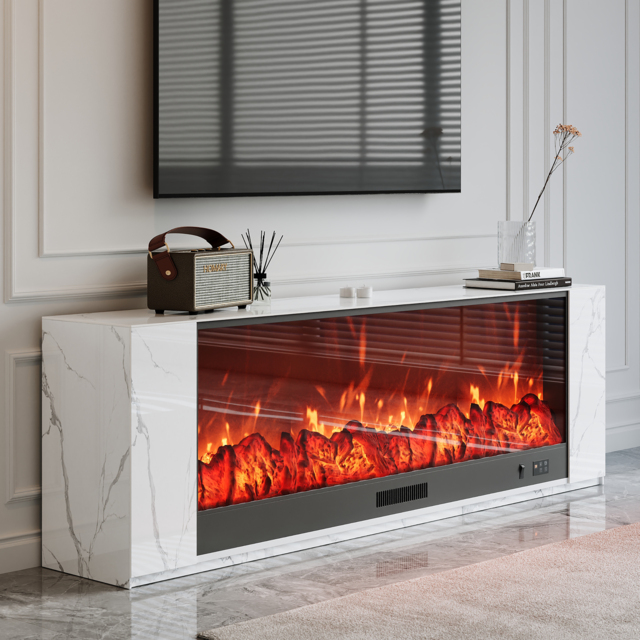 180 cm Modern White Sintered Stone Electric Fireplace TV Stand with Remote Control Temperature Adjustable - image 1