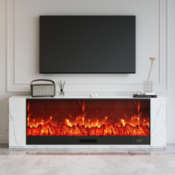 180 cm Modern White Sintered Stone Electric Fireplace TV Stand with Remote Control Temperature Adjustable - thumbnail 2