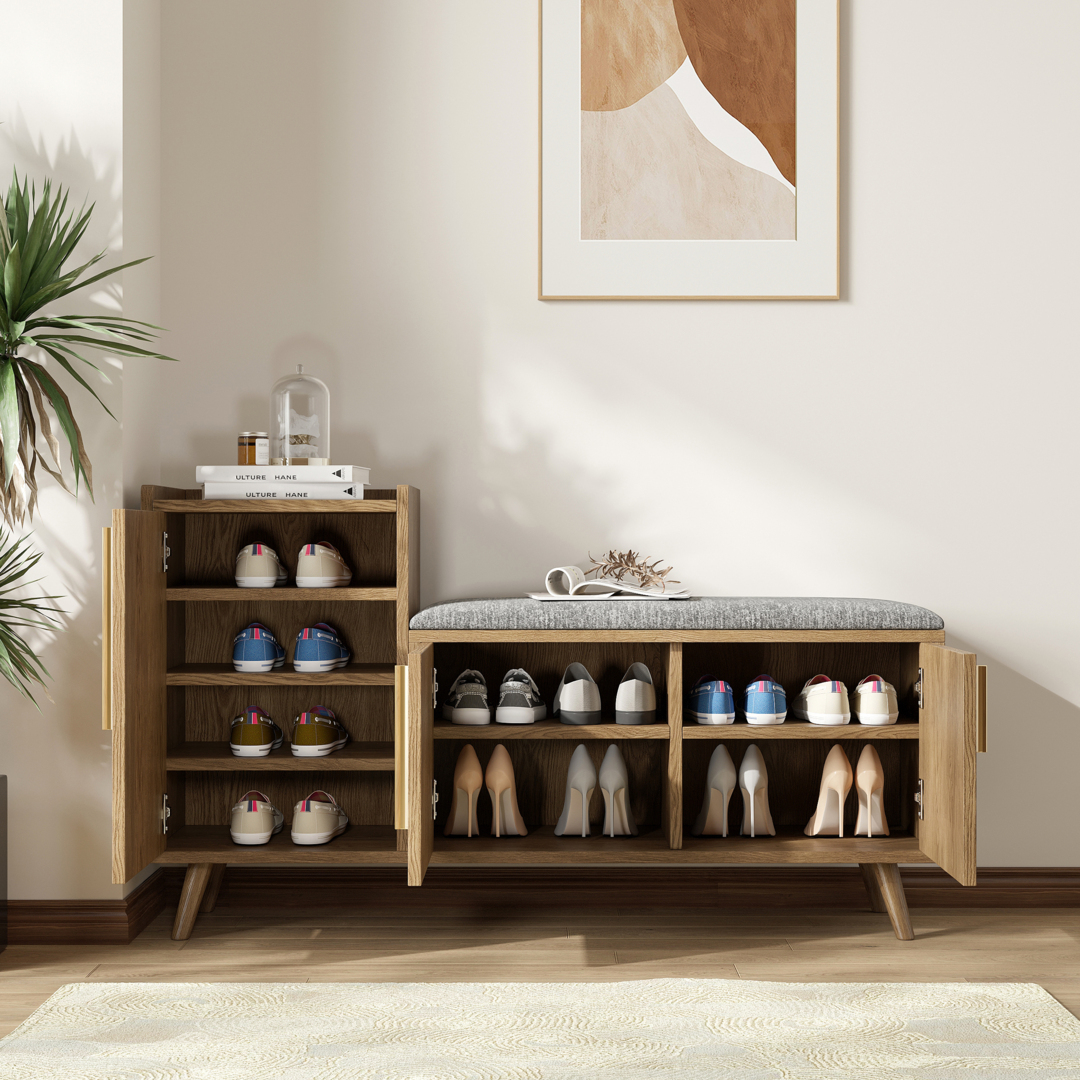 Shoe Storage Entryway Bench with Left-Side Cabinet Engineered Wood