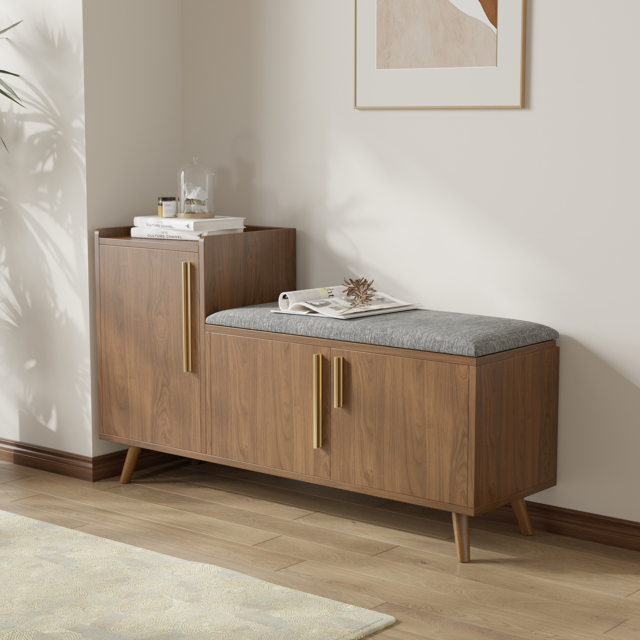Shoe Storage Entryway Bench with Left-Side Cabinet Engineered Wood Shoe Rack in Walnut (120 cm) - image 1