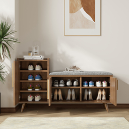 Shoe Storage Entryway Bench with Left-Side Cabinet Engineered Wood Shoe Rack in Walnut (120 cm) - thumbnail 4