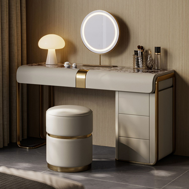 modern grey dressing table set with cabinet, dressing table with mirror and stool - image 1