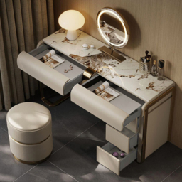 modern grey dressing table set with cabinet, dressing table with mirror and stool - thumbnail 3