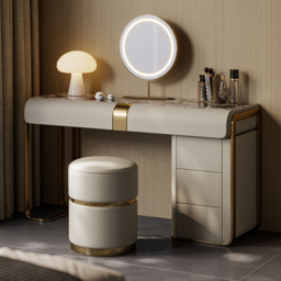 modern grey dressing table set with cabinet, dressing table with mirror and stool