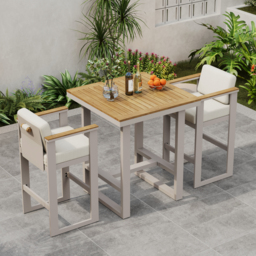 Tevara Outdoor Square Bar Table with Teak Wood Slat Top & Aluminum Frame in Sand - thumbnail 2