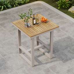 Tevara Outdoor Square Bar Table with Teak Wood Slat Top & Aluminum Frame in Sand - thumbnail 1