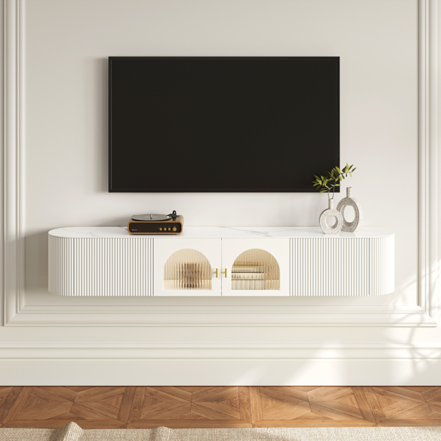 Modern White Floating Media Console Wall-Mounted TV Stand with Storage Sintered Stone Top for 1800 TV - image 1
