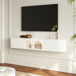 Modern White Floating Media Console Wall-Mounted TV Stand with Storage Sintered Stone Top for 1800 TV - thumbnail 2
