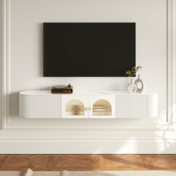 Modern White Floating Media Console Wall-Mounted TV Stand with Storage Sintered Stone Top for 1800 TV - thumbnail 1
