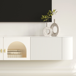 Modern White Floating Media Console Wall-Mounted TV Stand with Storage Sintered Stone Top for 1800 TV - thumbnail 6