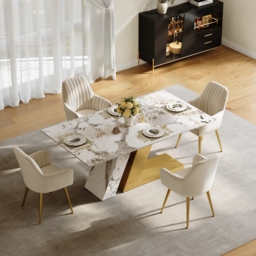Modern 1600mm Rectangle Sintered Stone Dining Table with 4 Chairs in Gold - thumbnail 1