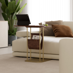 Modern Small C Shaped Rotating Side Table Walnut Wood Bedside Table with Storage End Tables - thumbnail 5