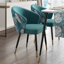 Set of 2 Velvet Dining Chairs Upholstered Modern Greenish Blue Dining Room Chairs with Arm - thumbnail 3