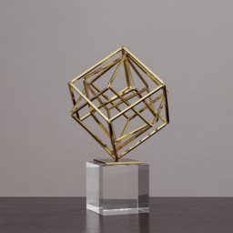 Modern Gold Metal 3D Geometry Ornament Figurine Sculpture Decor Art with Crystal Stand - thumbnail 1