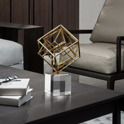 Modern Gold Metal 3D Geometry Ornament Figurine Sculpture Decor Art with Crystal Stand - thumbnail 2