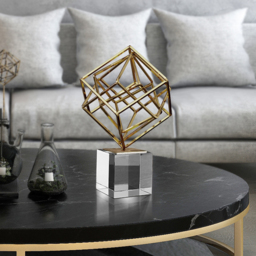 Modern Gold Metal 3D Geometry Ornament Figurine Sculpture Decor Art with Crystal Stand - thumbnail 3