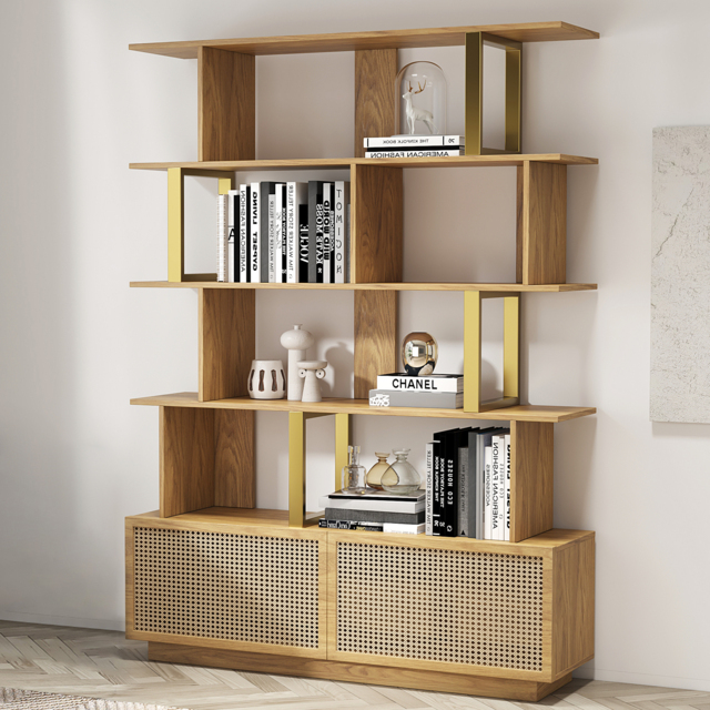 5-Tier Natural Wood Bookshelf with 2 Doors Modern Bookcase in Gold Finish - image 1