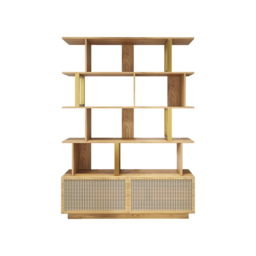 5-Tier Natural Wood Bookshelf with 2 Doors Modern Bookcase in Gold Finish - thumbnail 8