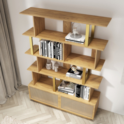 5-Tier Natural Wood Bookshelf with 2 Doors Modern Bookcase in Gold Finish - thumbnail 3