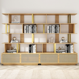 5-Tier Natural Wood Bookshelf with 2 Doors Modern Bookcase in Gold Finish - thumbnail 4