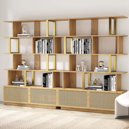 5-Tier Natural Wood Bookshelf with 2 Doors Modern Bookcase in Gold Finish - thumbnail 5