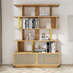 5-Tier Natural Wood Bookshelf with 2 Doors Modern Bookcase in Gold Finish - thumbnail 2