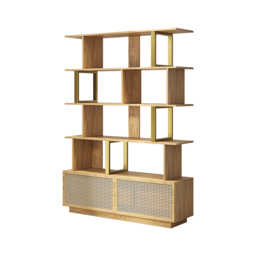 5-Tier Natural Wood Bookshelf with 2 Doors Modern Bookcase in Gold Finish - thumbnail 6