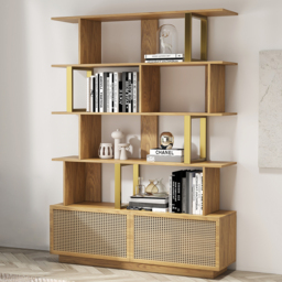 5-Tier Natural Wood Bookshelf with 2 Doors Modern Bookcase in Gold Finish - thumbnail 1