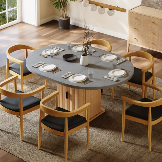 1200mm-1600mm Gray Extendable Dining Table with Fluted Base and Storage - image 1