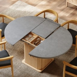 1200mm-1600mm Gray Extendable Dining Table with Fluted Base and Storage - thumbnail 4