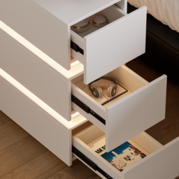 Narrow Smart 3-Drawer Nightstand with Charging Station Bedside Table with Light in White Set of 2 - thumbnail 6
