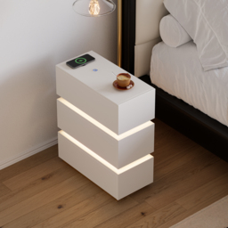 Narrow Smart 3-Drawer Nightstand with Charging Station Bedside Table with Light in White Set of 2 - thumbnail 4