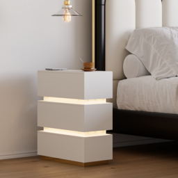 Narrow Smart 3-Drawer Nightstand with Charging Station Bedside Table with Light in White Set of 2 - thumbnail 7
