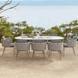 9 Pieces 2134 mm Outdoor Sintered Stone Top Dining Table Set with Rope Woven Armchairs - thumbnail 3