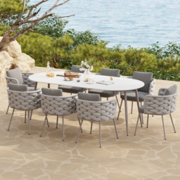 9 Pieces 2134 mm Outdoor Sintered Stone Top Dining Table Set with Rope Woven Armchairs - thumbnail 2