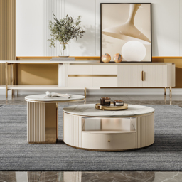 Mytures Modern Round Nesting Coffee Table with Storage White Sintered Stone Set of 2 - thumbnail 3