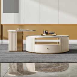 Mytures Modern Round Nesting Coffee Table with Storage White Sintered Stone Set of 2 - thumbnail 2