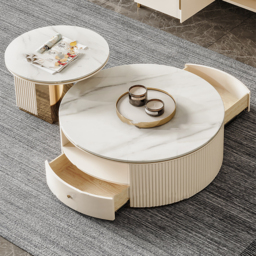 Mytures Modern Round Nesting Coffee Table with Storage White Sintered Stone Set of 2 - thumbnail 4