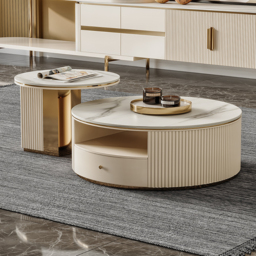 Mytures Modern Round Nesting Coffee Table with Storage White Sintered Stone Set of 2 - thumbnail 1
