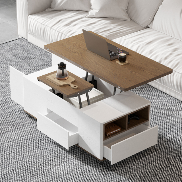 Minimalist Rectangle White & Walnut Extendable TV Stand & Lift Top Coffee Table Set - image 1