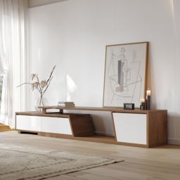 Minimalist Rectangle White & Walnut Extendable TV Stand & Lift Top Coffee Table Set - thumbnail 7