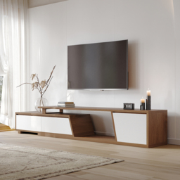 Minimalist Rectangle White & Walnut Extendable TV Stand & Lift Top Coffee Table Set - thumbnail 8