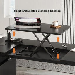 180 cm Modern Black L-Shape Executive Desk with Side Cabinet Height Adjustable Desktop Standing Desk with Clear Arcylic Leg - thumbnail 8