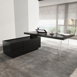 180 cm Modern Black L-Shape Executive Desk with Side Cabinet Height Adjustable Desktop Standing Desk with Clear Arcylic Leg - thumbnail 3