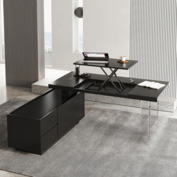 180 cm Modern Black L-Shape Executive Desk with Side Cabinet Height Adjustable Desktop Standing Desk with Clear Arcylic Leg