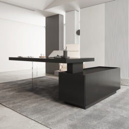 180 cm Modern Black L-Shape Executive Desk with Side Cabinet Height Adjustable Desktop Standing Desk with Clear Arcylic Leg - thumbnail 5