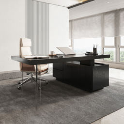 180 cm Modern Black L-Shape Executive Desk with Side Cabinet Height Adjustable Desktop Standing Desk with Clear Arcylic Leg - thumbnail 4