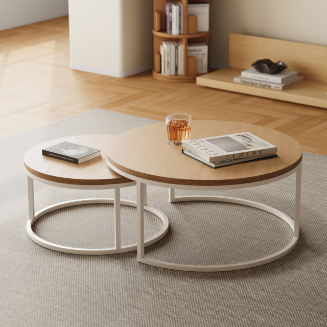 Fero Round Nesting Coffee Table Set of 2, Light Oak Top & White Metal Frame, Modern Scandinavian Style, for Living Spaces - image 1